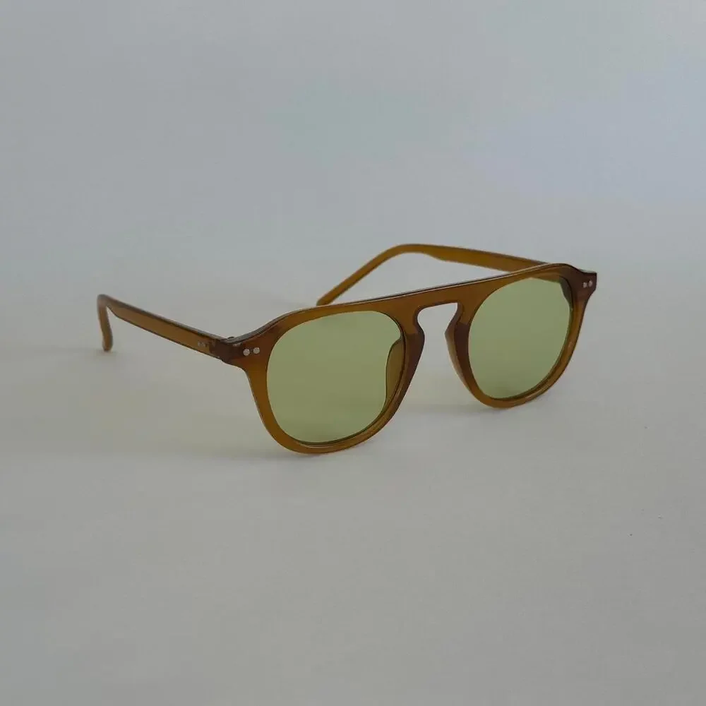Y2K Brown Round Sunglasses Green Lens Unisex Vintage Style UVA UVB